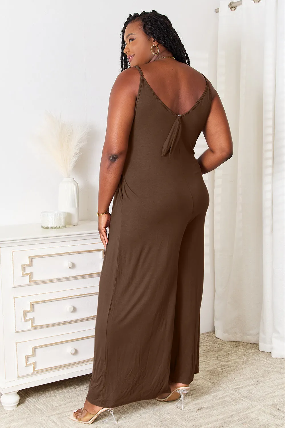 Soft Rayon Spaghetti Strap Tied Wide Leg Jumpsuit