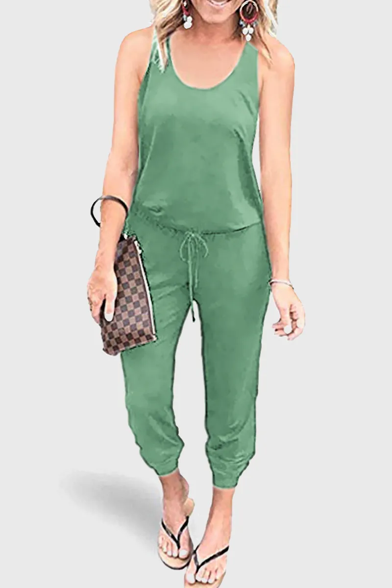 Solid Split Joint Frenulum U Neck Jumpsuits