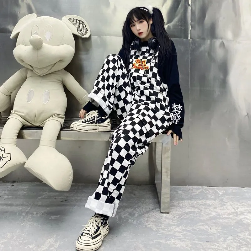 Street Hip-hop Harajuku Girl Cow Print Oneies For Women Black White Plaid Overalls Casual Jumpsuit Trousers Baggy Pants