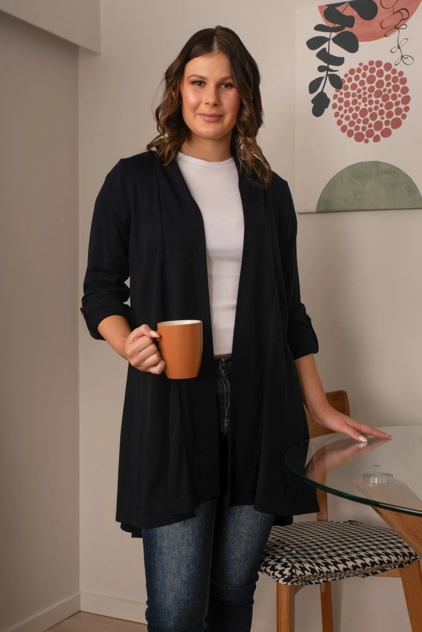 TAB SLEEVE 100% MERINO EDGE TO EDGE A-LINE CARDIGAN BLACK