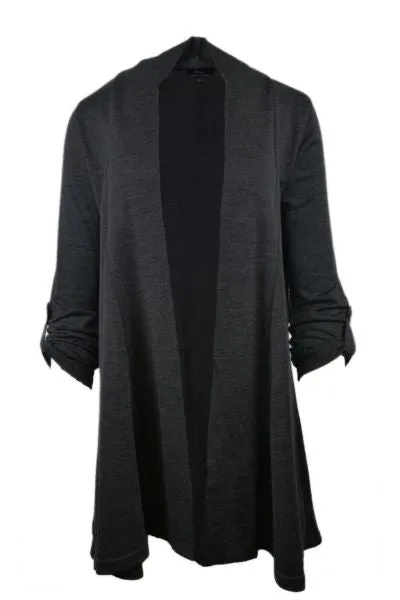 TAB SLEEVE 100% MERINO EDGE TO EDGE A-LINE CARDIGAN BLACK