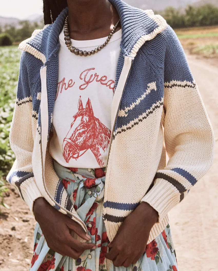 The Great - The Ranch Cardigan in Cream with Blue Jean