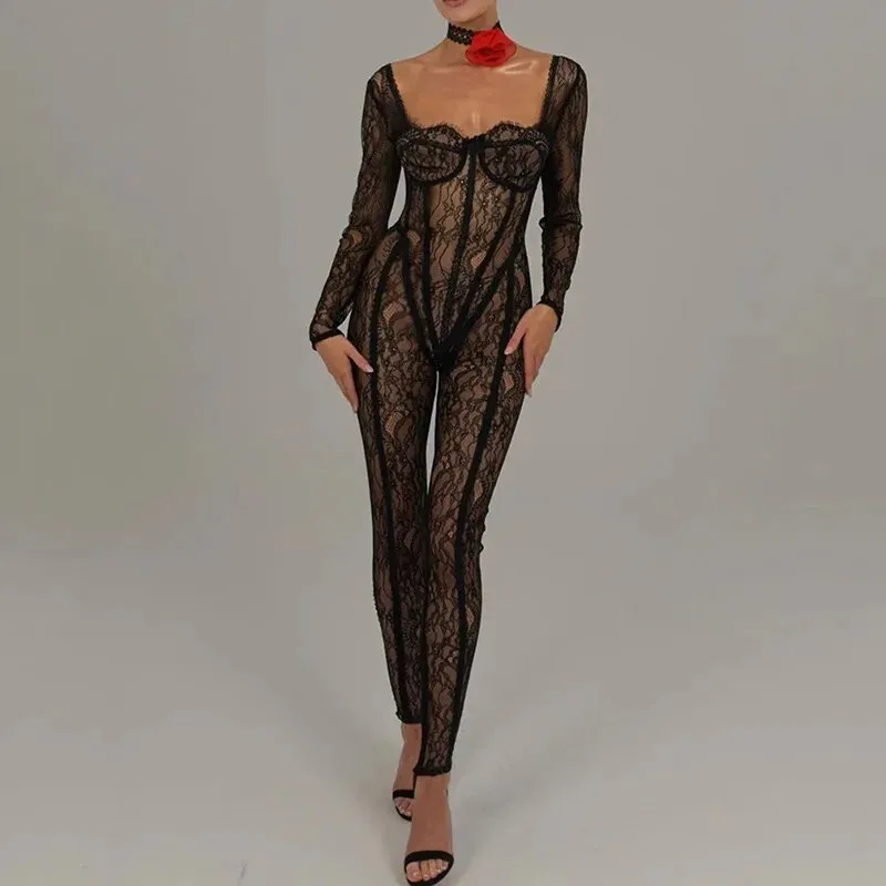 Trendy Mesh Lace Hollow Out Backless Jumpsuit