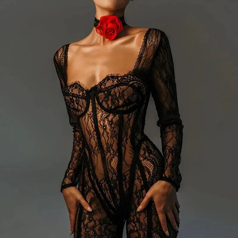 Trendy Mesh Lace Hollow Out Backless Jumpsuit