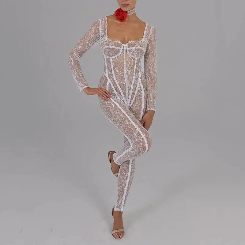 Trendy Mesh Lace Hollow Out Backless Jumpsuit