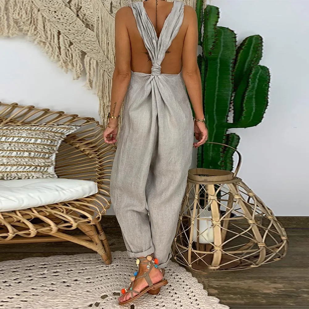 Trendy Sleeveless Comfy Overalls Knotted Jumpsuit