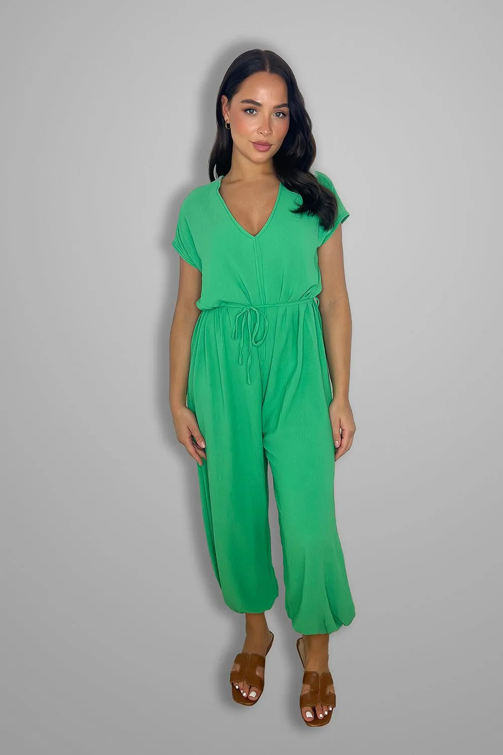 V Cut Short Sleeves Tie Belt Cuffed Wide Leg Jumpsuit