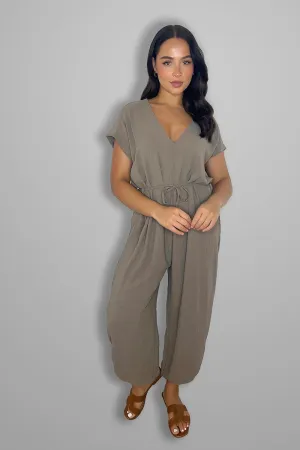 V Cut Short Sleeves Tie Belt Cuffed Wide Leg Jumpsuit