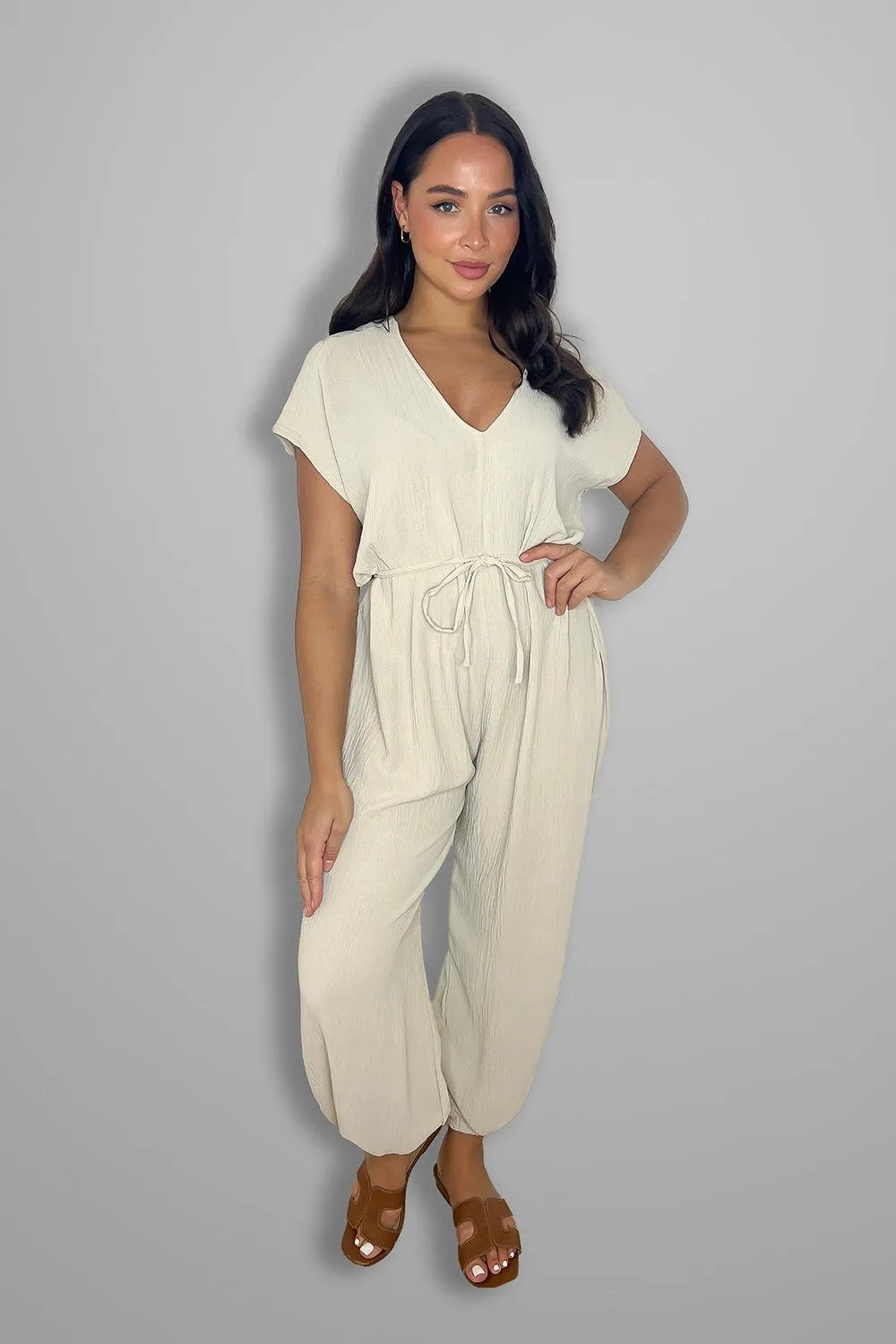 V Cut Short Sleeves Tie Belt Cuffed Wide Leg Jumpsuit