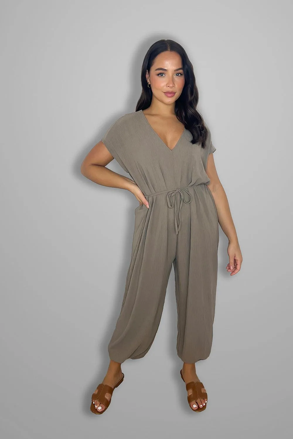 V Cut Short Sleeves Tie Belt Cuffed Wide Leg Jumpsuit