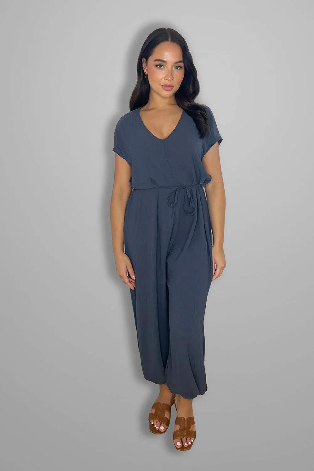 V Cut Short Sleeves Tie Belt Cuffed Wide Leg Jumpsuit