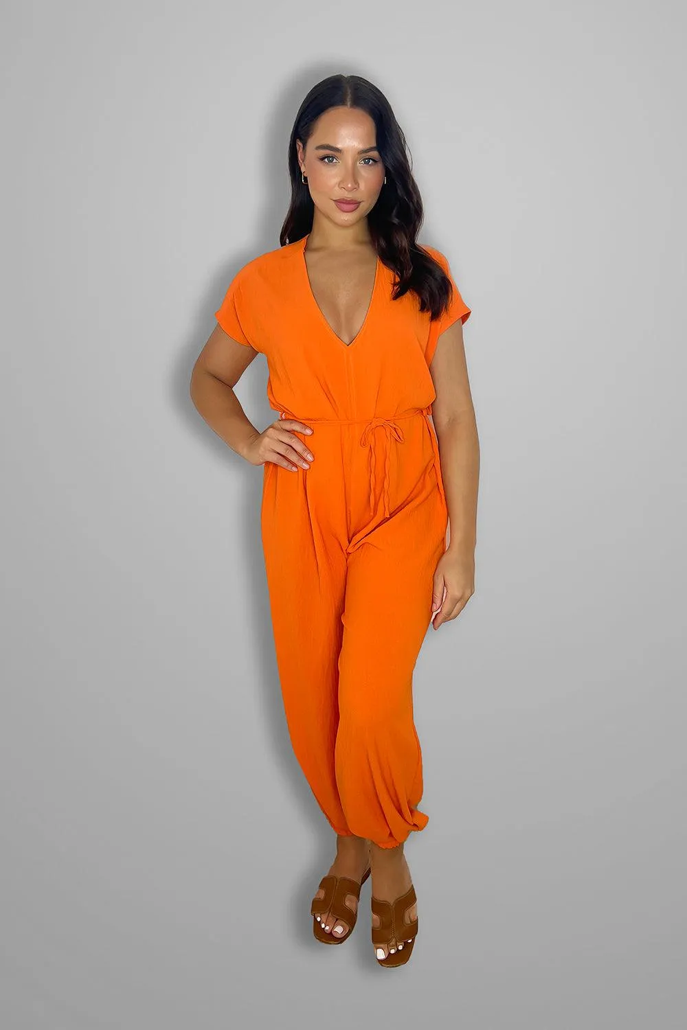 V Cut Short Sleeves Tie Belt Cuffed Wide Leg Jumpsuit