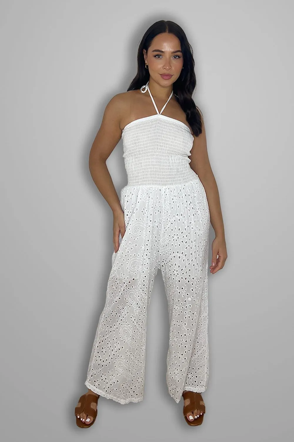 Versatile Halterneck Crochet Wide Leg Jumpsuit