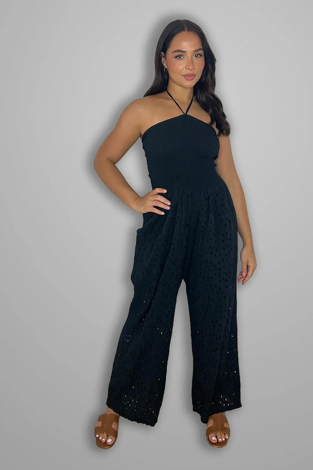 Versatile Halterneck Crochet Wide Leg Jumpsuit