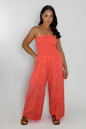 Versatile Halterneck Crochet Wide Leg Jumpsuit