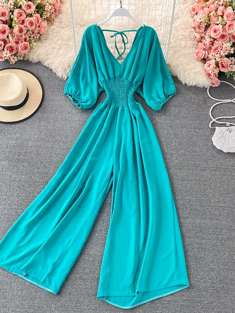 Vintage Romper Women Casual Short Puff Sleeve Wide Leg Jumpsuits