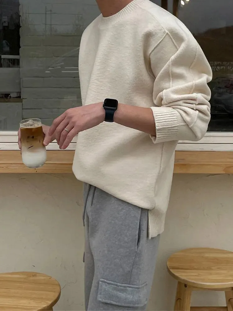 Wiaofellas  -  Solid O-neck Simple Elastic Loose Men's Sweater Fashion Korean Style Lazy Casual Knitwear Autumn Winter New Male Warm Pullover