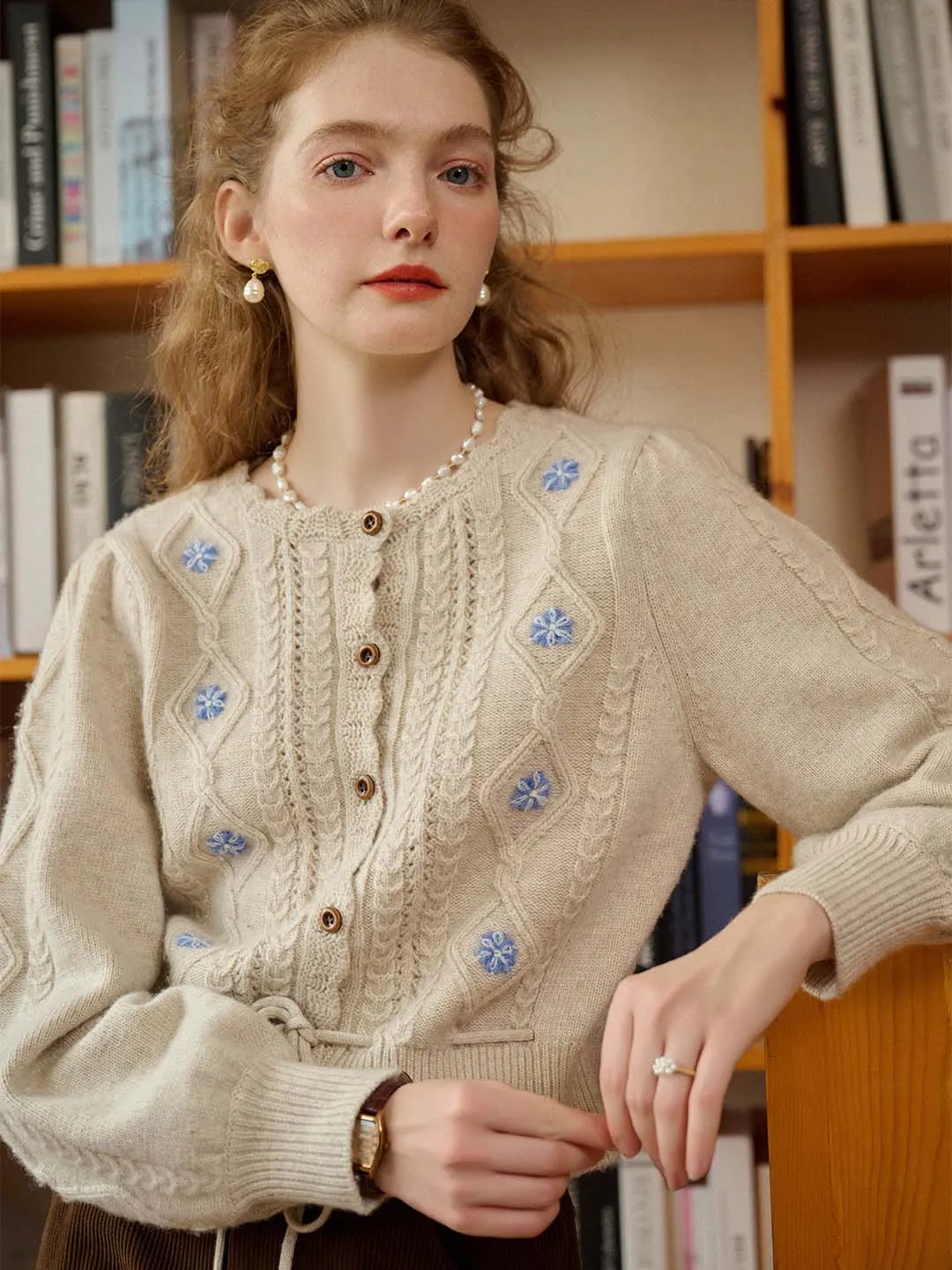 Willow Floral Embroidery Lantern Sleeve Knot Hem Knit Cardigan