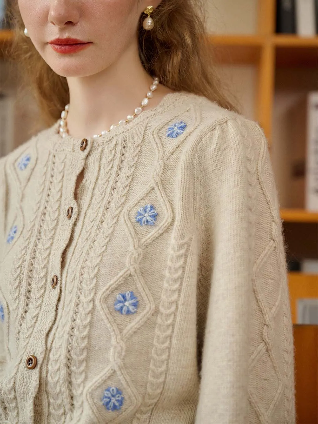 Willow Floral Embroidery Lantern Sleeve Knot Hem Knit Cardigan