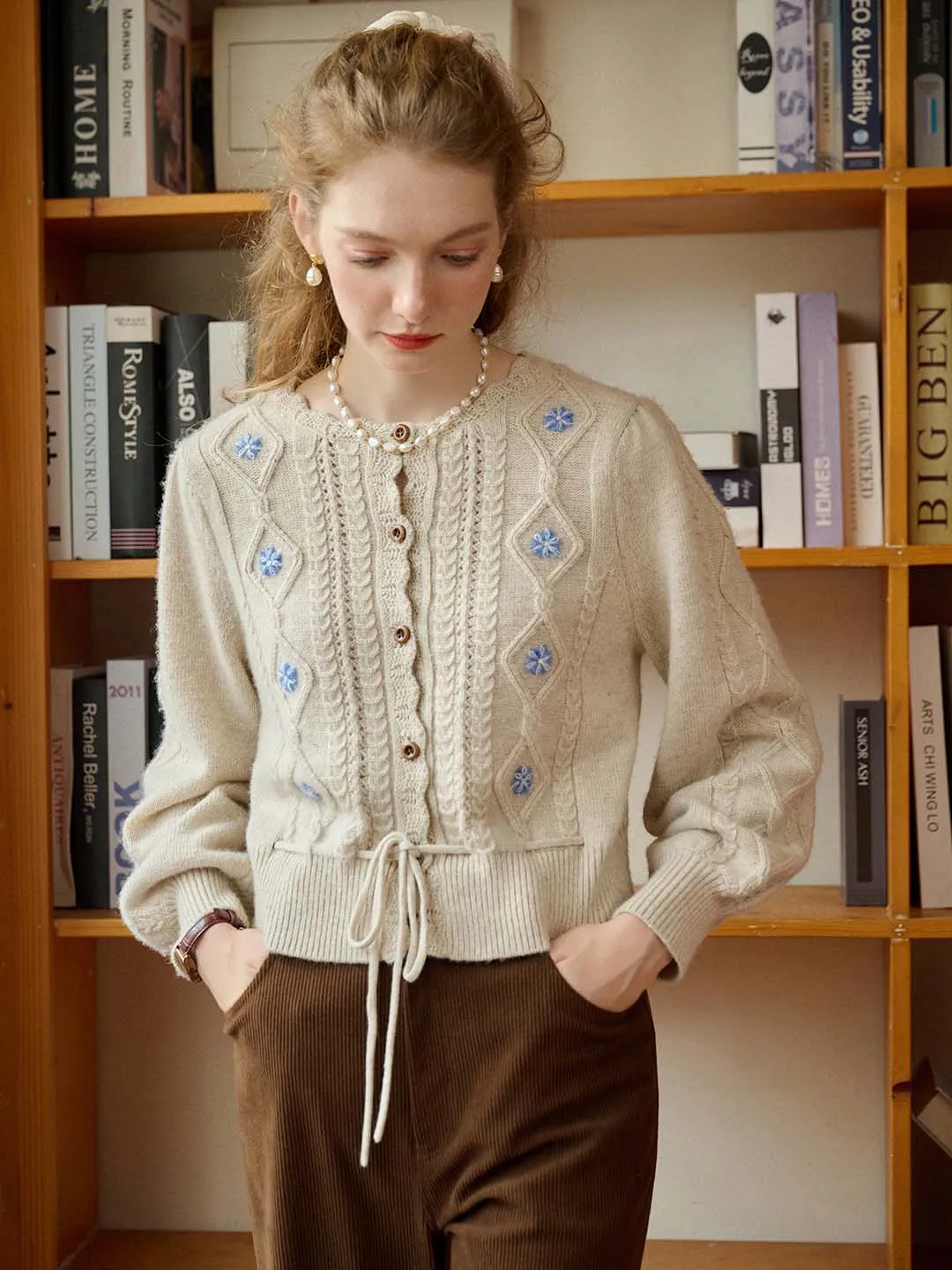 Willow Floral Embroidery Lantern Sleeve Knot Hem Knit Cardigan