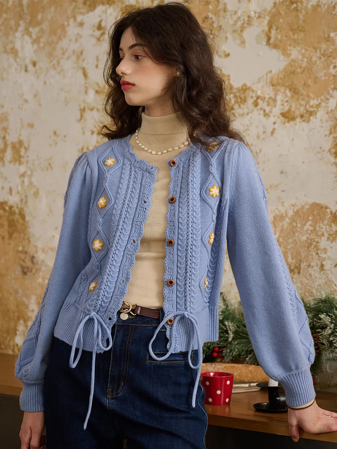 Willow Floral Embroidery Lantern Sleeve Knot Hem Knit Cardigan