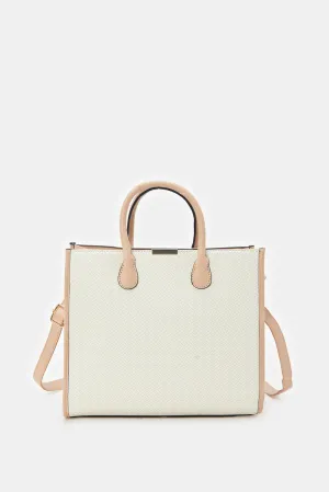 Women Beige Embossed Tote Bag