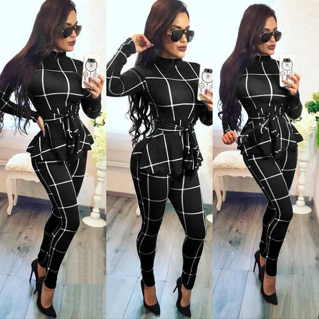 women new ruffles waist turtleneck long sleeve plaid print skinny pencil long pants jumpsuits bodycon rompers playsuits Y142