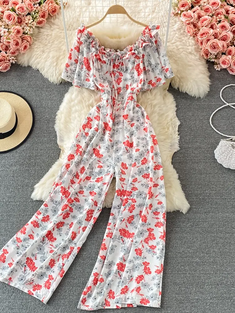 Women Romper Printed High Waist Short Sleeve Vacation Beach Jumpsuits