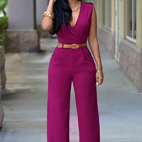 Women Sleeveless V-Neck High Waist Wide Leg Romper Pants Jumpsuit with Belt