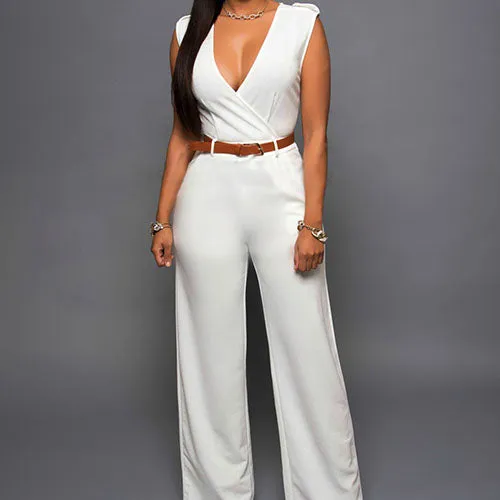 Women Sleeveless V-Neck High Waist Wide Leg Romper Pants Jumpsuit with Belt