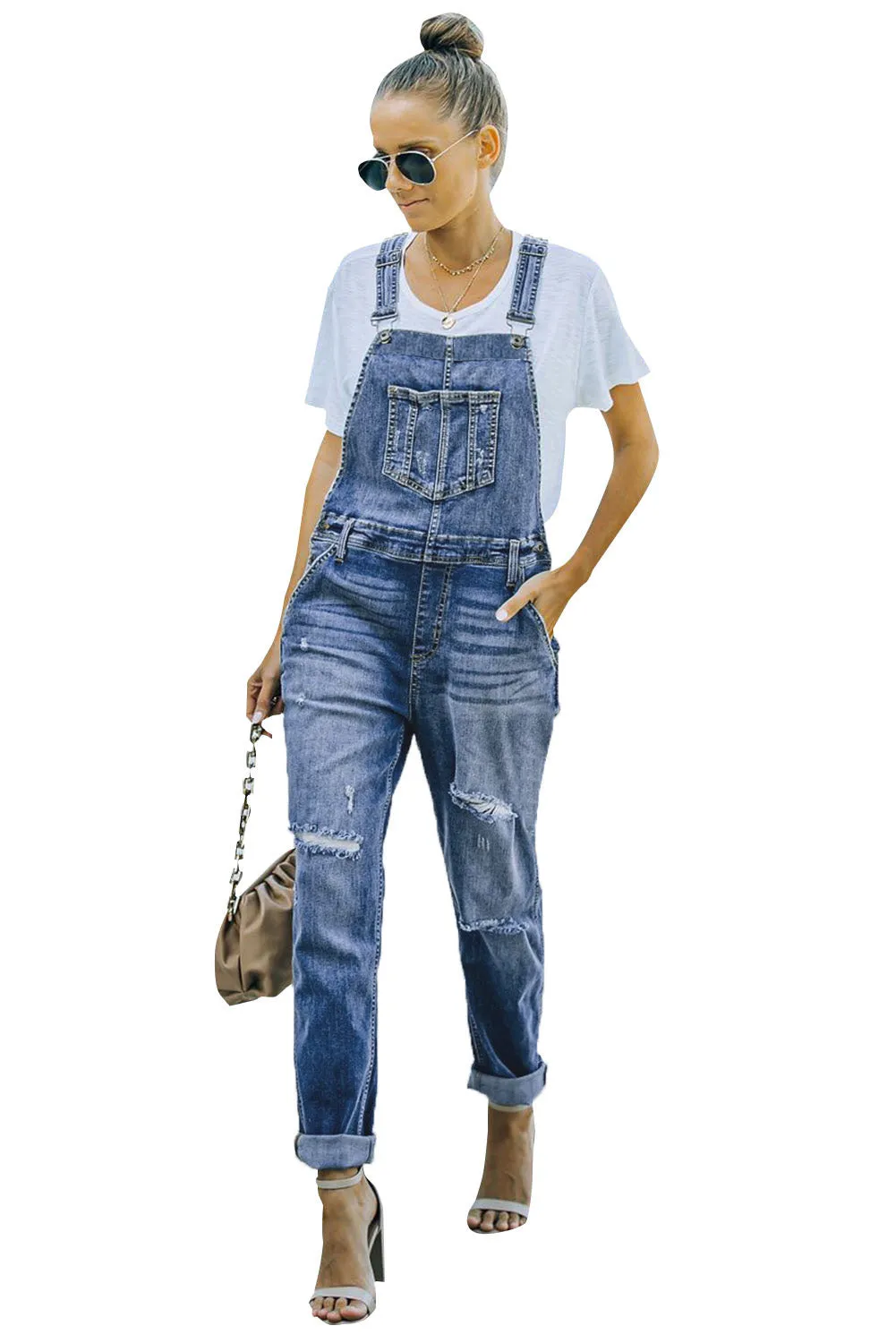 Women's Casual Distressed Bib Overalls Denim Jeans Pants Jumpsuits