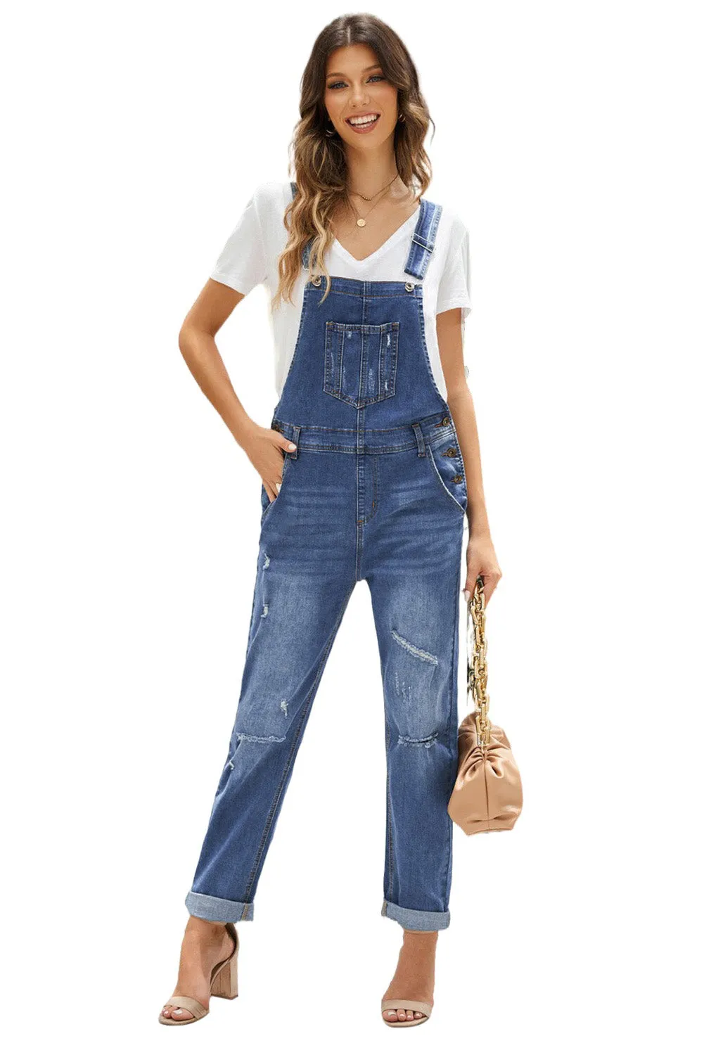 Women's Casual Distressed Bib Overalls Denim Jeans Pants Jumpsuits