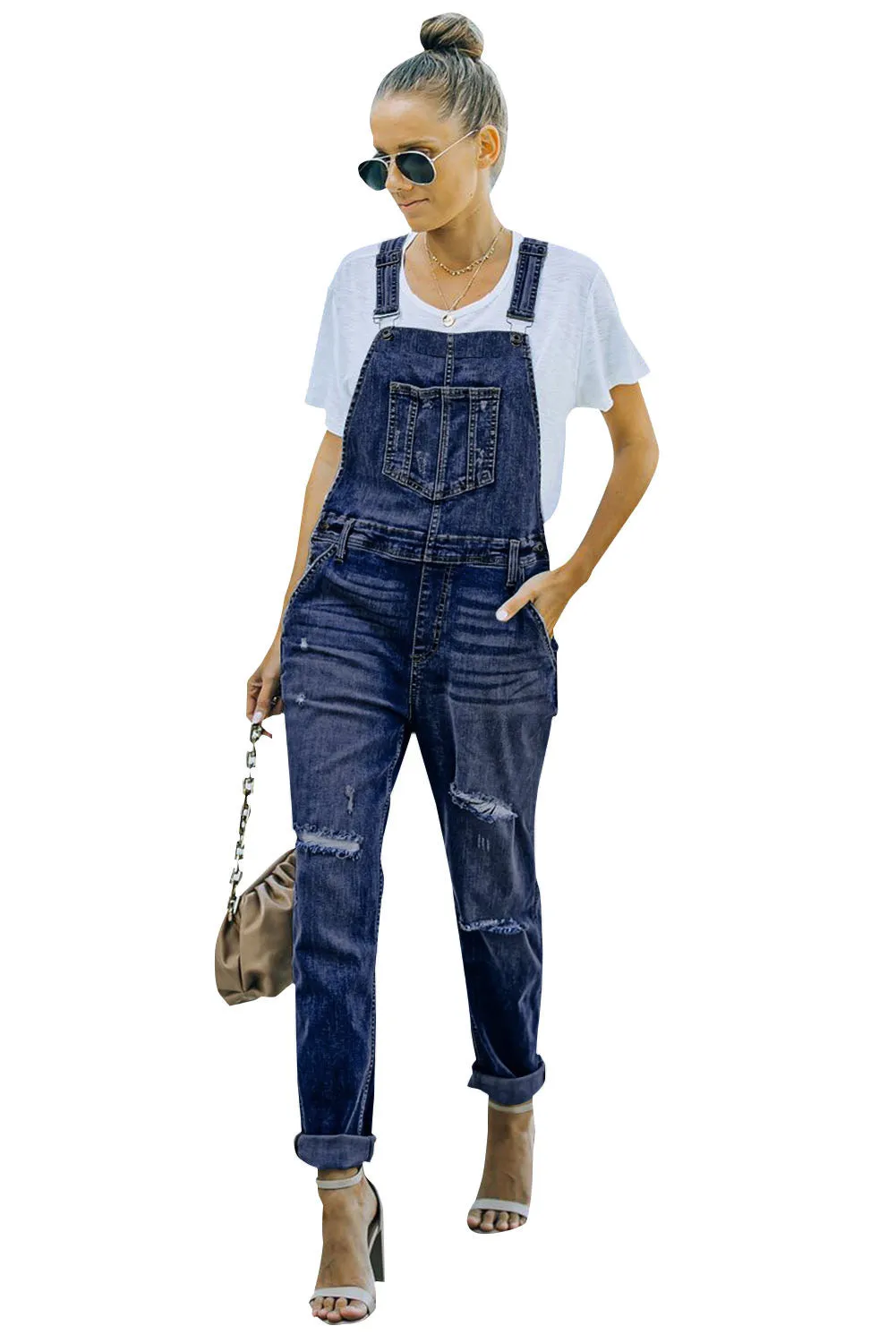 Women's Casual Distressed Bib Overalls Denim Jeans Pants Jumpsuits