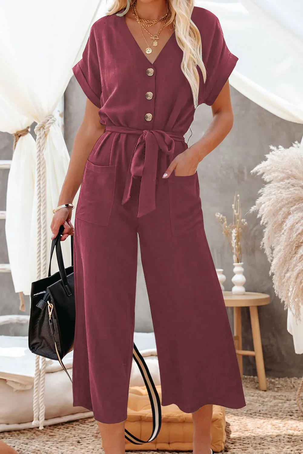 Women's Casual Long Pants Romper V Neck Pocketed Jumpsuit