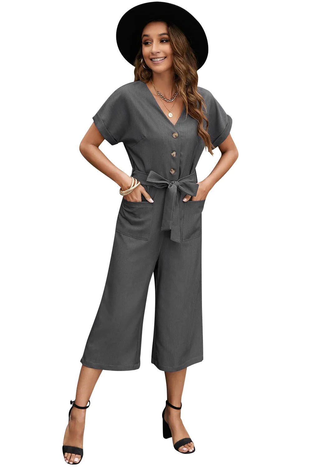 Women's Casual Long Pants Romper V Neck Pocketed Jumpsuit