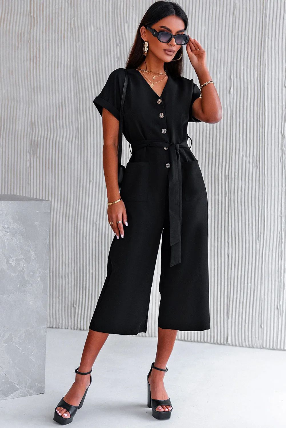 Women's Casual Long Pants Romper V Neck Pocketed Jumpsuit