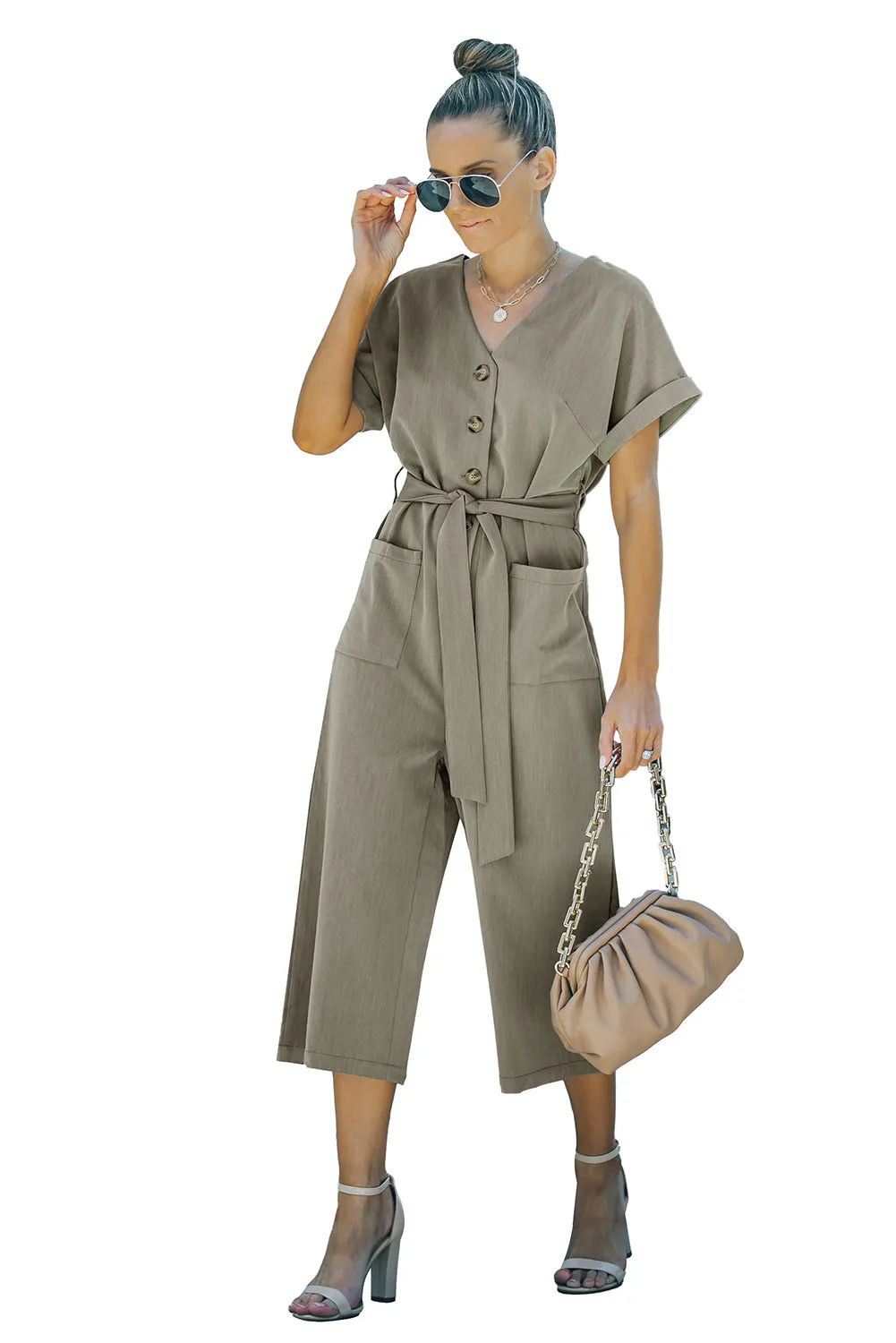 Women's Casual Long Pants Romper V Neck Pocketed Jumpsuit