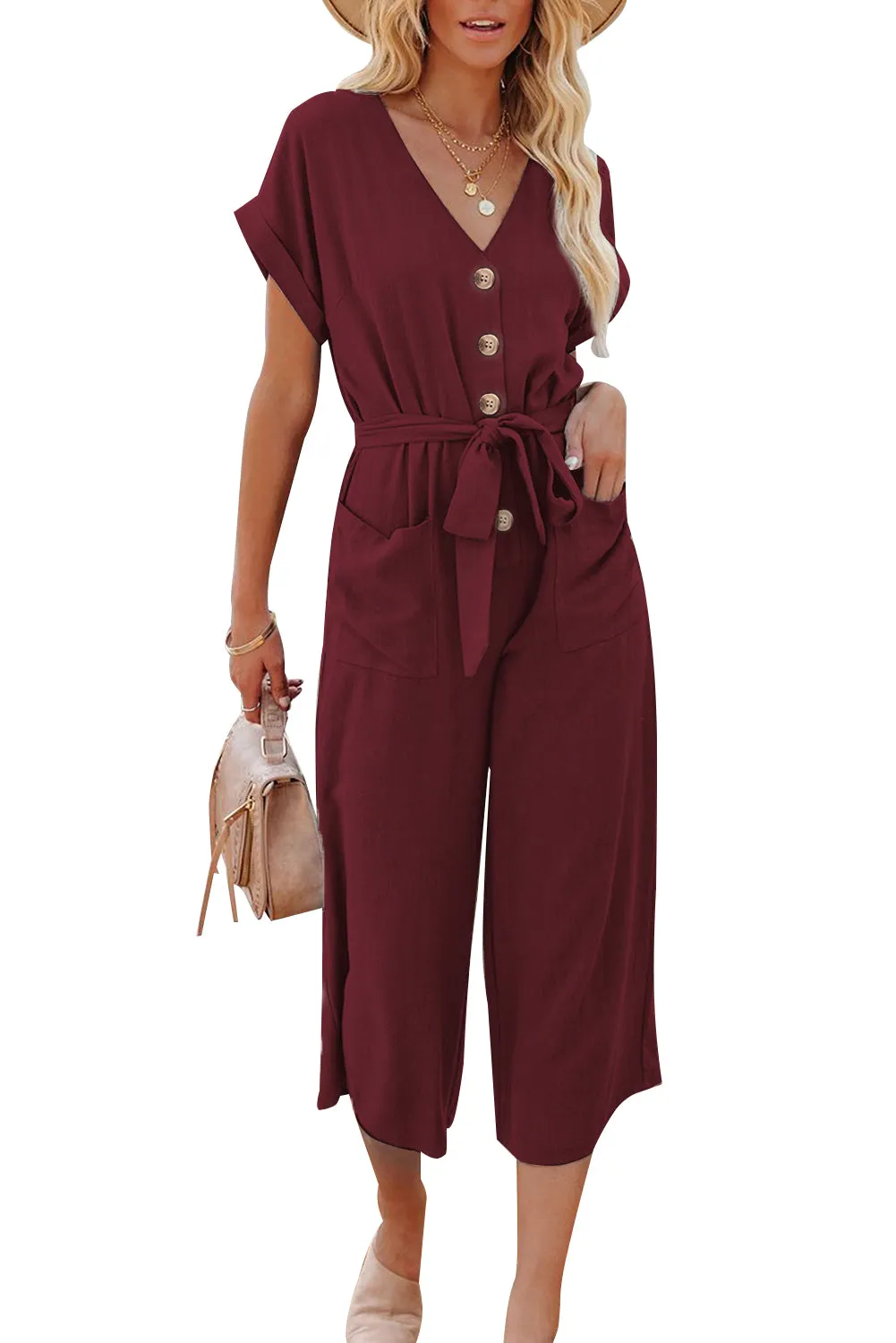 Women's Casual Long Pants Romper V Neck Pocketed Jumpsuit