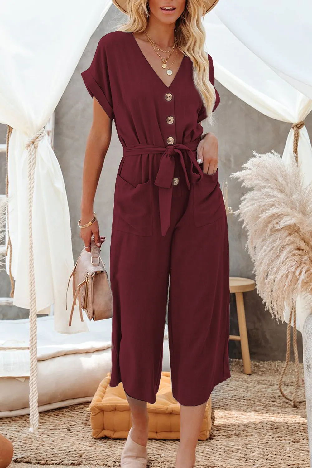 Women's Casual Long Pants Romper V Neck Pocketed Jumpsuit