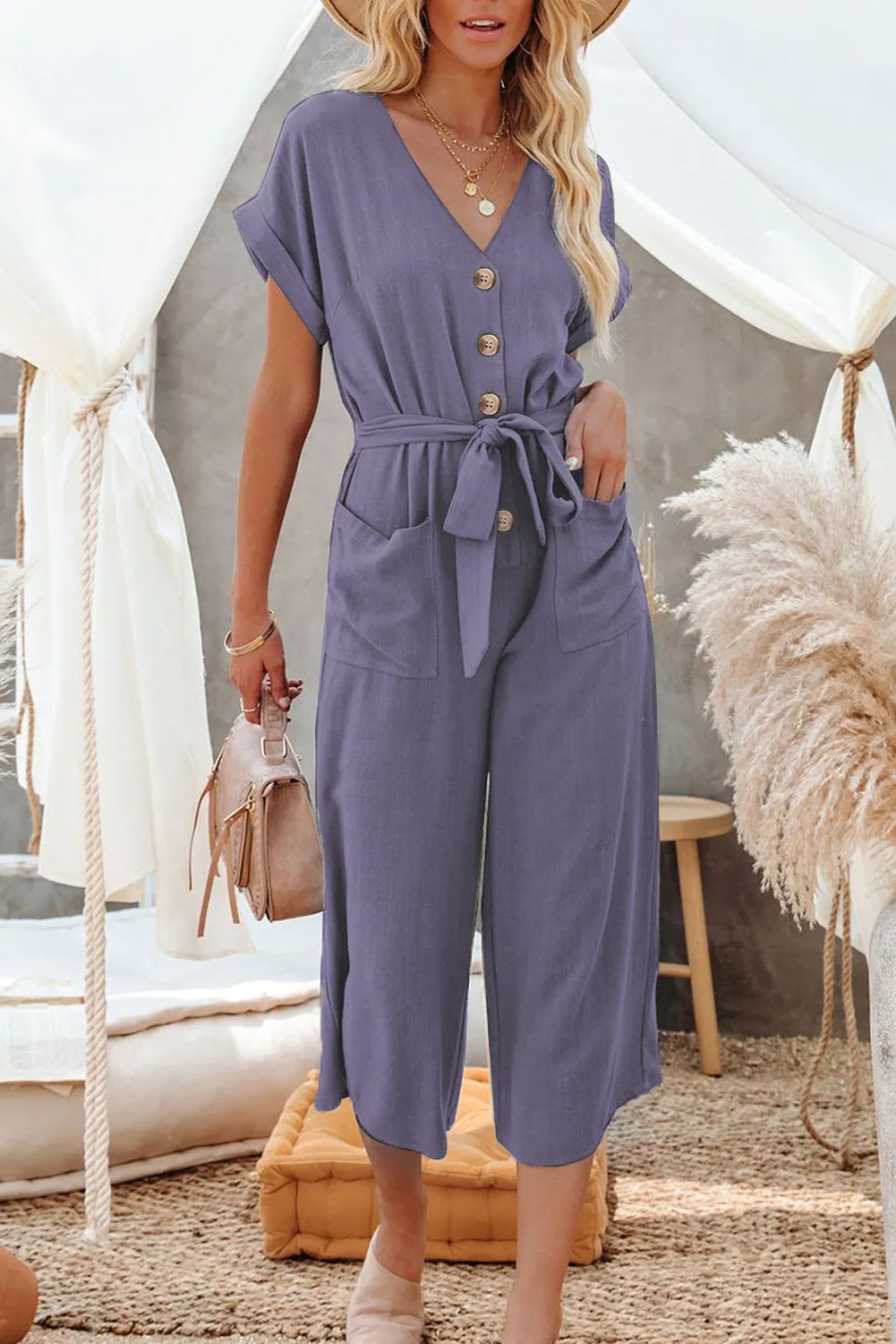 Women's Casual Long Pants Romper V Neck Pocketed Jumpsuit