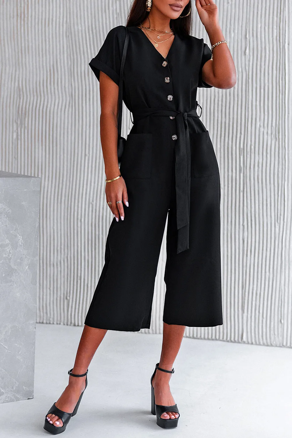 Women's Casual Long Pants Romper V Neck Pocketed Jumpsuit