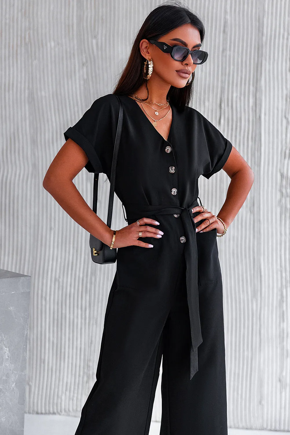 Women's Casual Long Pants Romper V Neck Pocketed Jumpsuit