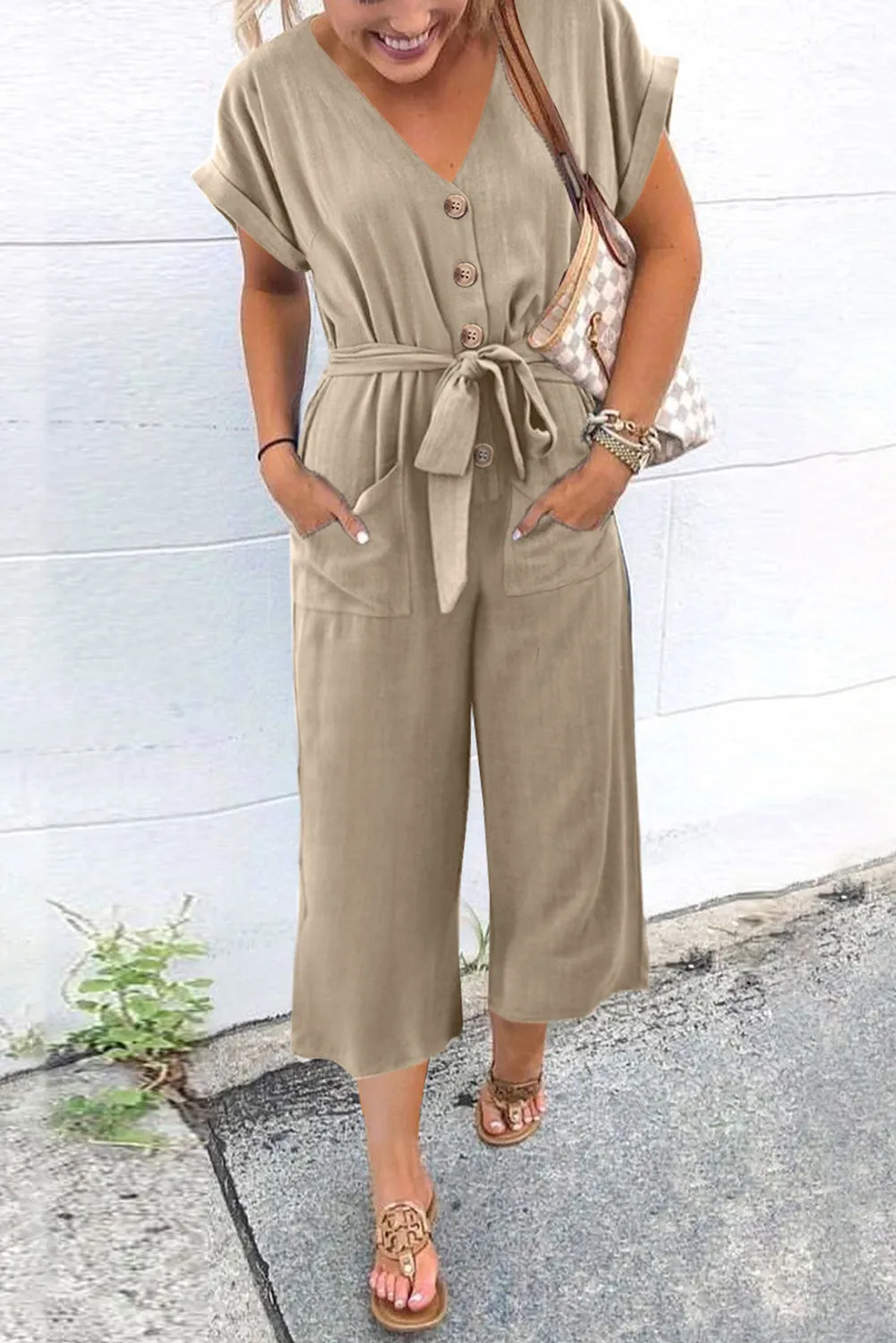 Women's Casual Long Pants Romper V Neck Pocketed Jumpsuit