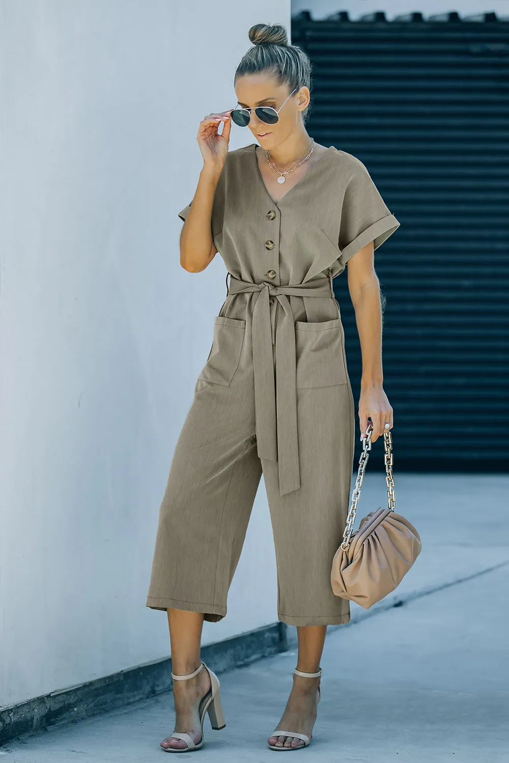 Women's Casual Long Pants Romper V Neck Pocketed Jumpsuit