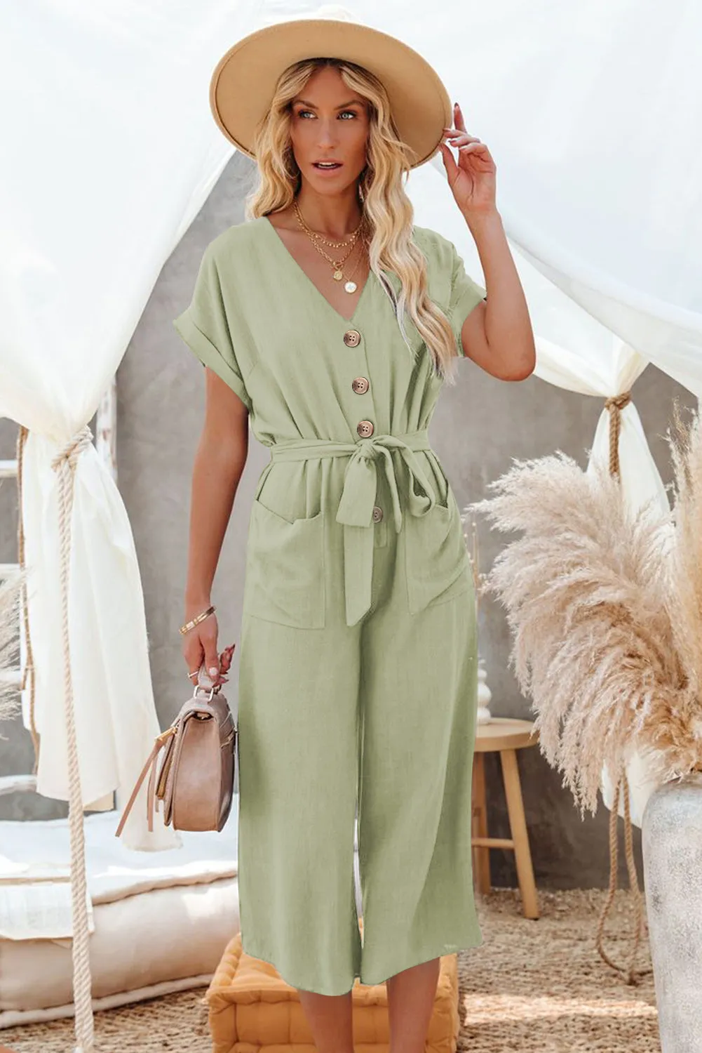 Women's Casual Long Pants Romper V Neck Pocketed Jumpsuit