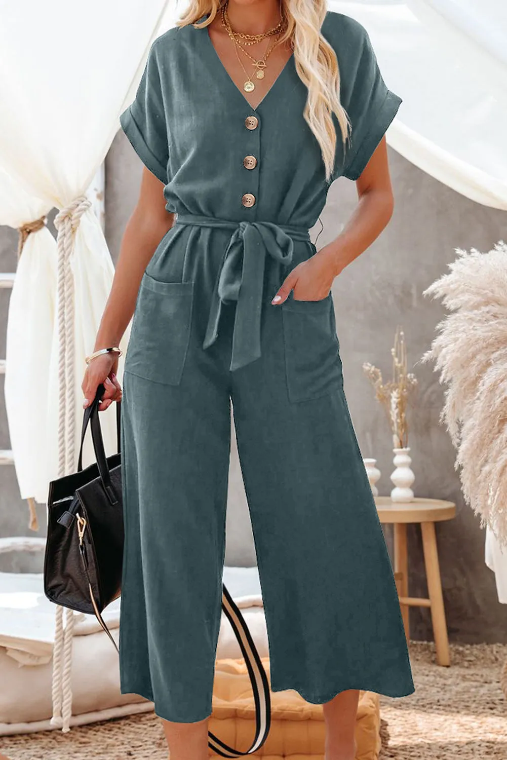 Women's Casual Long Pants Romper V Neck Pocketed Jumpsuit