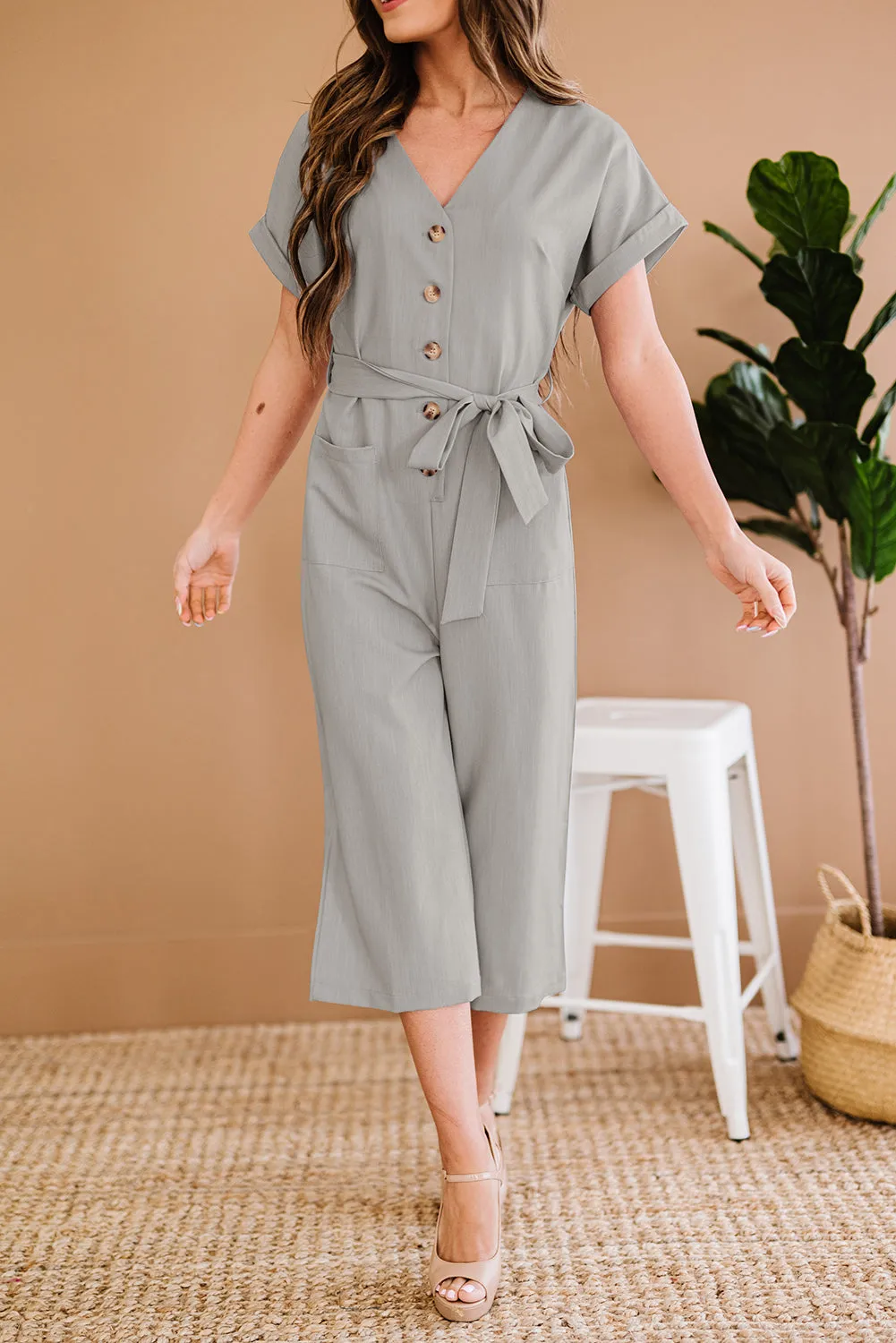 Women's Casual Long Pants Romper V Neck Pocketed Jumpsuit