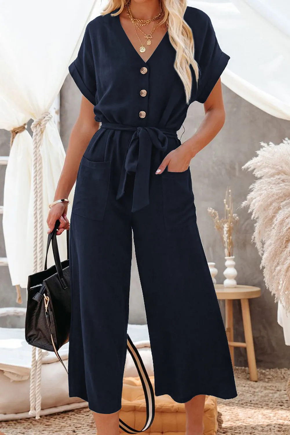 Women's Casual Long Pants Romper V Neck Pocketed Jumpsuit