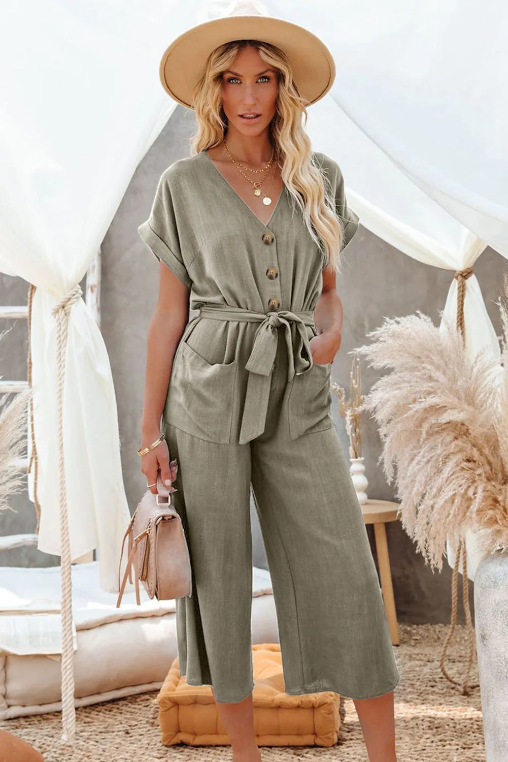 Women's Casual Long Pants Romper V Neck Pocketed Jumpsuit