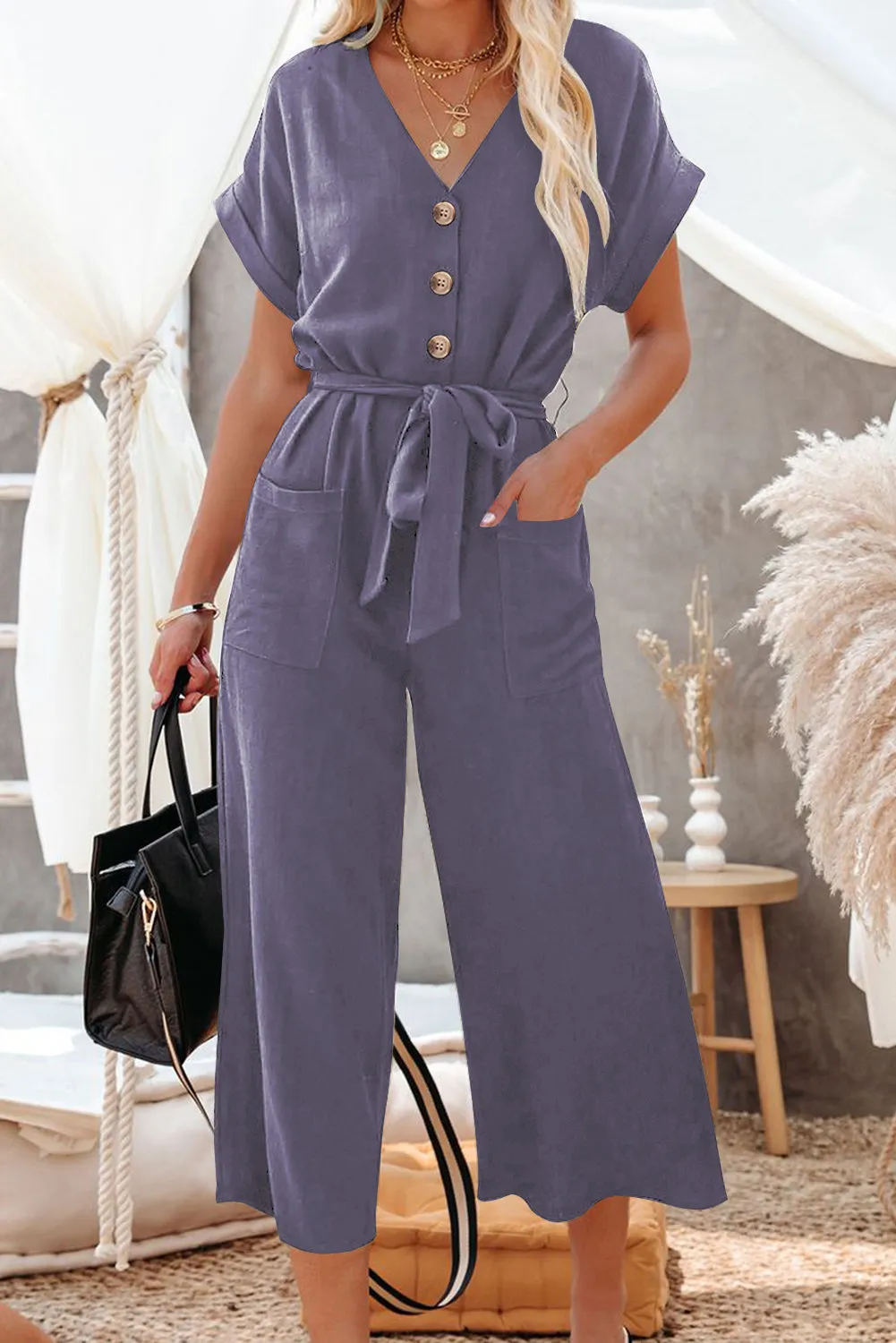 Women's Casual Long Pants Romper V Neck Pocketed Jumpsuit